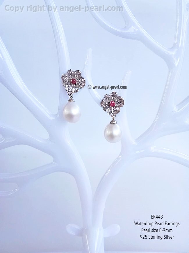 ต่างหูไข่มุกแท้สีขาว 8-9mm ดีไซน์สวย เงินแท้ 925