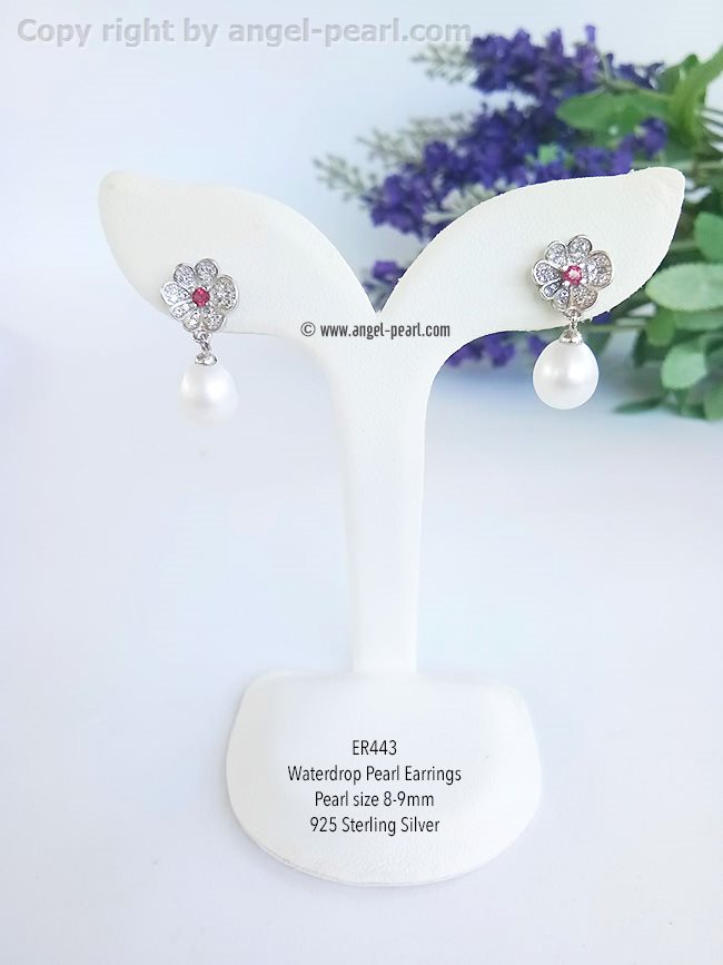 ต่างหูไข่มุกแท้สีขาว 8-9mm ดีไซน์สวย เงินแท้ 925