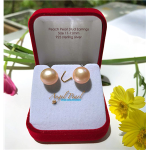 [ER13] Peach Button Freshwater Pearl Studs 