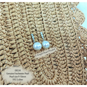 [ER534] ต่างหูไข่มุกแท้ภูเก็ต สีขาวทรงกลม 9-10mm