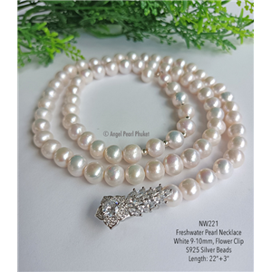 [NW221] Genuine White Freshwater Pearl Necklace with Flower Clip