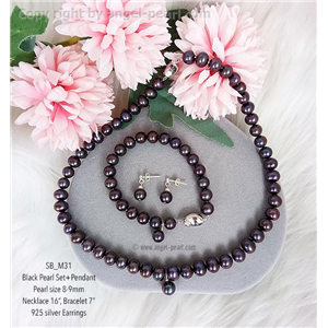 [SB_M31] ชุดเครื่องประดับไข่มุกแท้สีดำเหลือบม่วงน้ำเงิน ขนาด 8-9mm 
