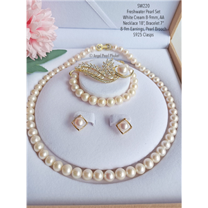 [SW220] Genuine White Freshwater Pearl Set with Pearl Broch