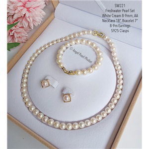 [SW221] ชุดเครื่องประดับไข่มุกแท้สีขาวคลาสสิค ขนาด 8-9mm, AA