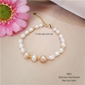 [BM53] สร้อยข้อมือไข่มุกแท้สีขาว-ชมพู-ส้ม 5-6mm น่ารัก