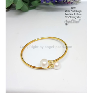 [BW98] กำไลไข่มุกแท้สีขาว กลม 9-10mm เงินแท้ 925 เคลือบทอง