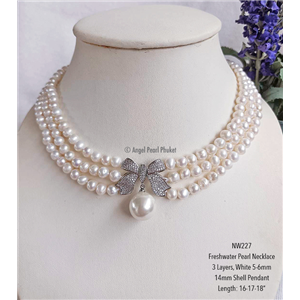 [NW227] สร้อยคอไข่มุกแท้ภูเก็ตสามสาย 5-6mm จี้โบว์ Shell Pearl