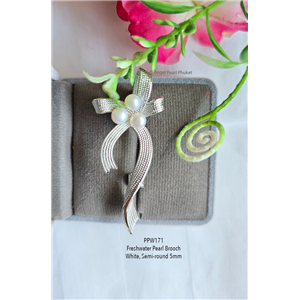 [PPW171] เข็มกลัดไข่มุกแท้สีขาว 5mm ช่อโบว์ยาว 
