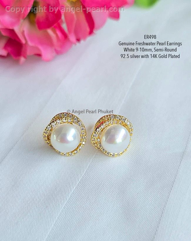 ต่างหูไข่มุกแท้สีขาว 9-10mm มะลิซ้อนฝังเพชรสุดหรู