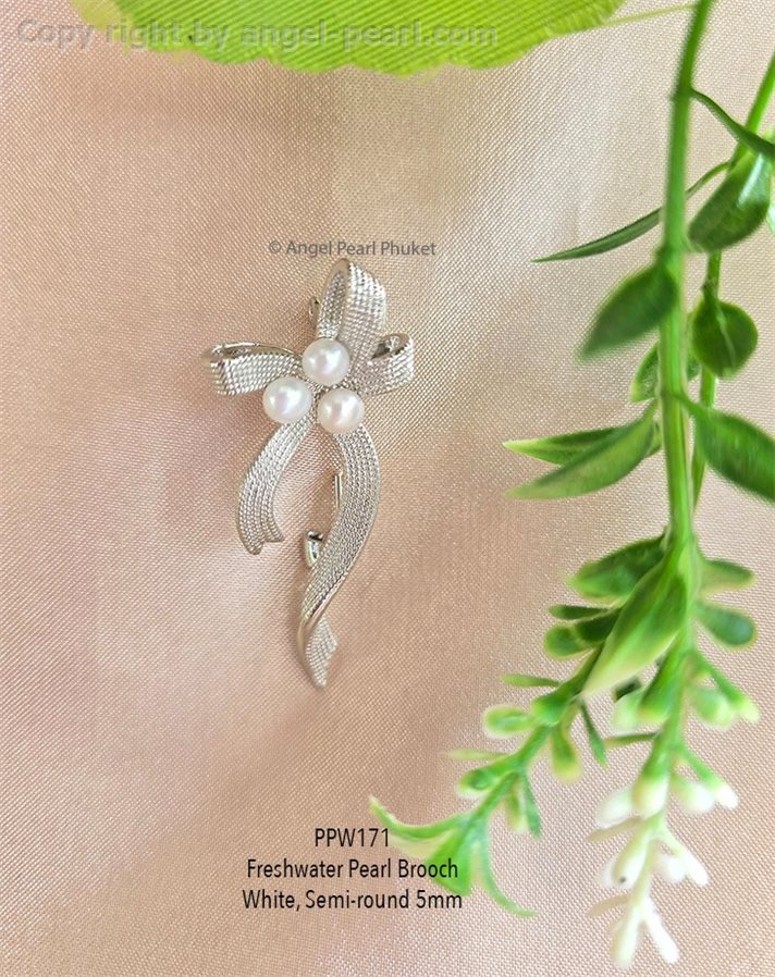 เข็มกลัดไข่มุกแท้สีขาว 5mm ช่อโบว์ยาว 