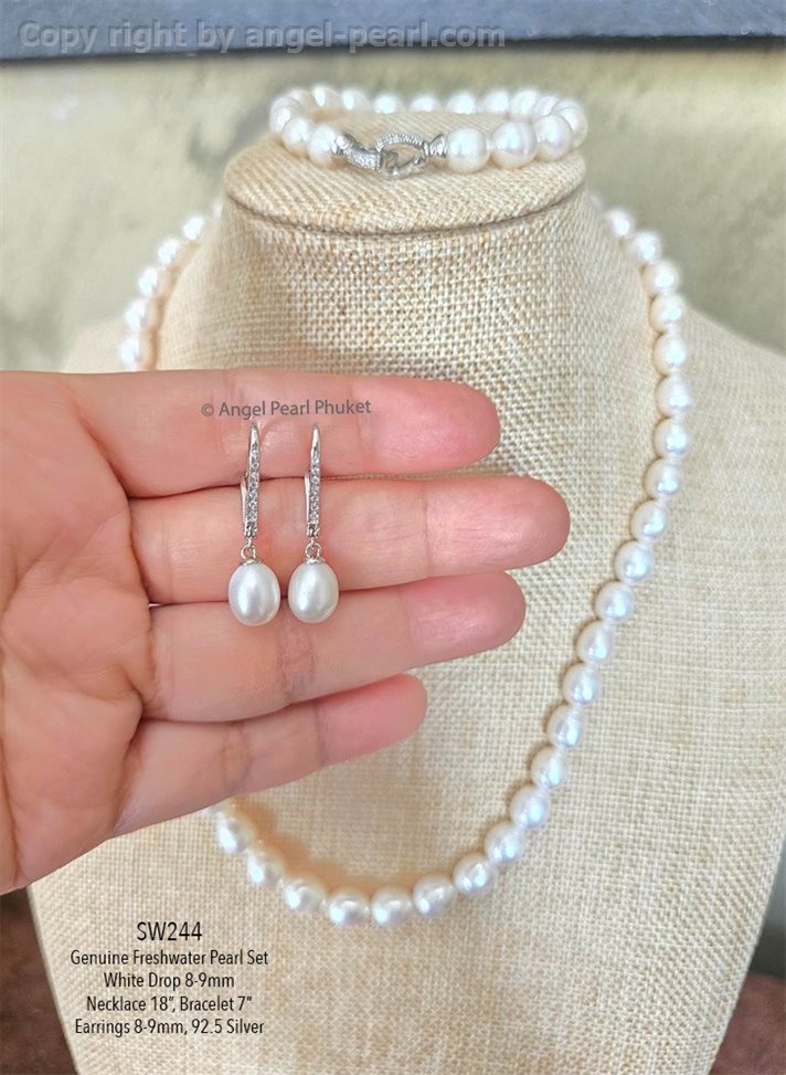 ชุดเครื่องประดับไข่มุกแท้ภูเก็ตสีขาว ทรงหยดน้ำ 8-9mm