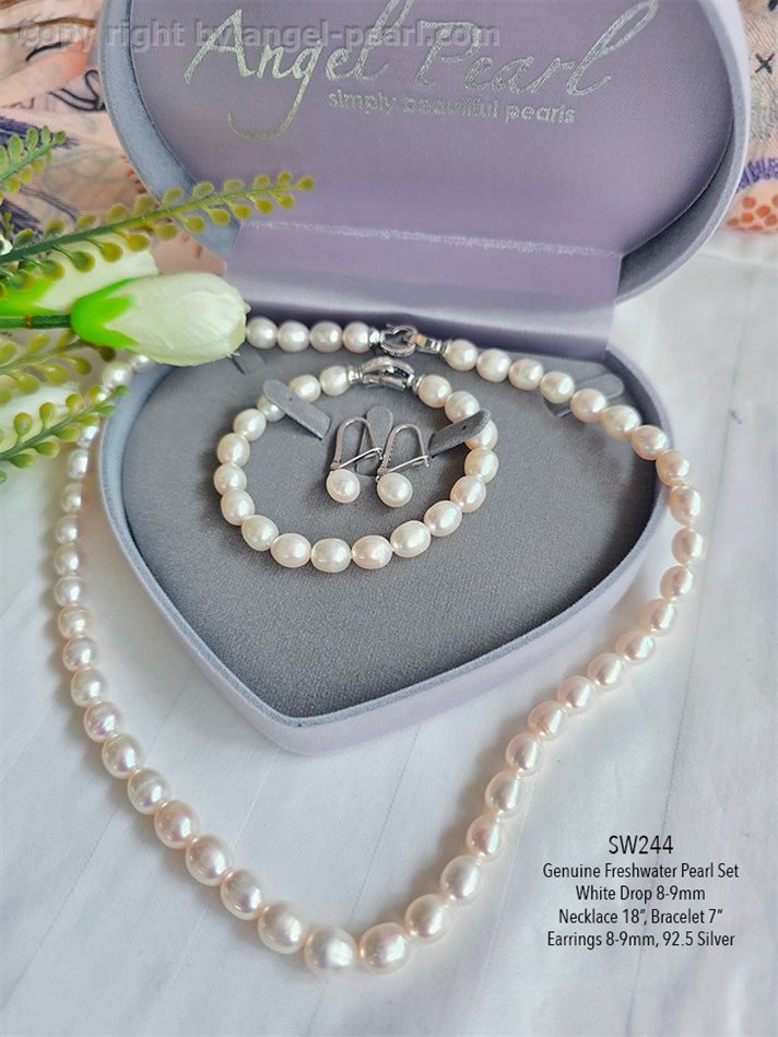 ชุดเครื่องประดับไข่มุกแท้ภูเก็ตสีขาว ทรงหยดน้ำ 8-9mm